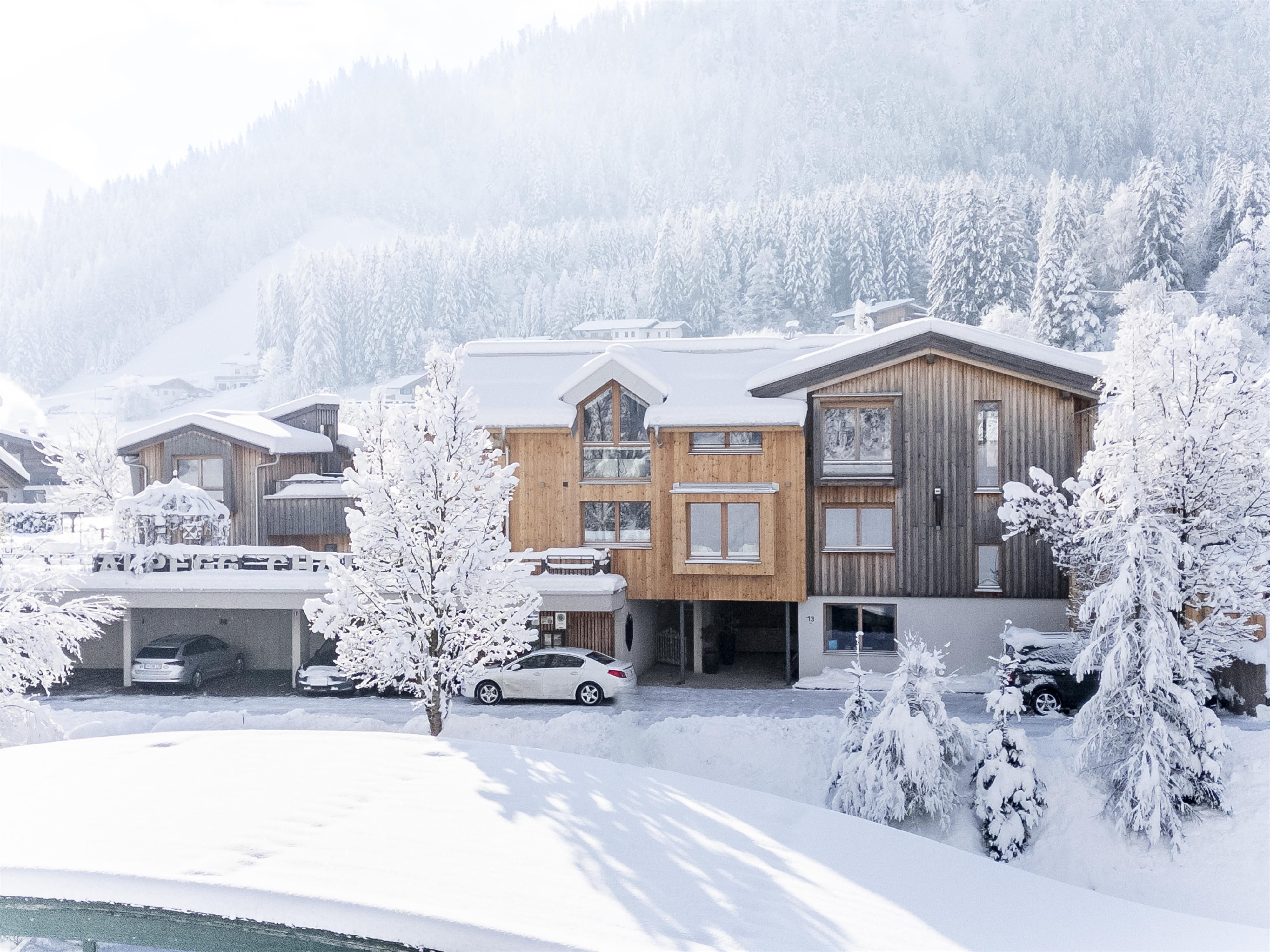 A modern wooden house in winter, surrounded by snow-covered trees. The snow blankets the landscape, creating a calm, frosty atmosphere.