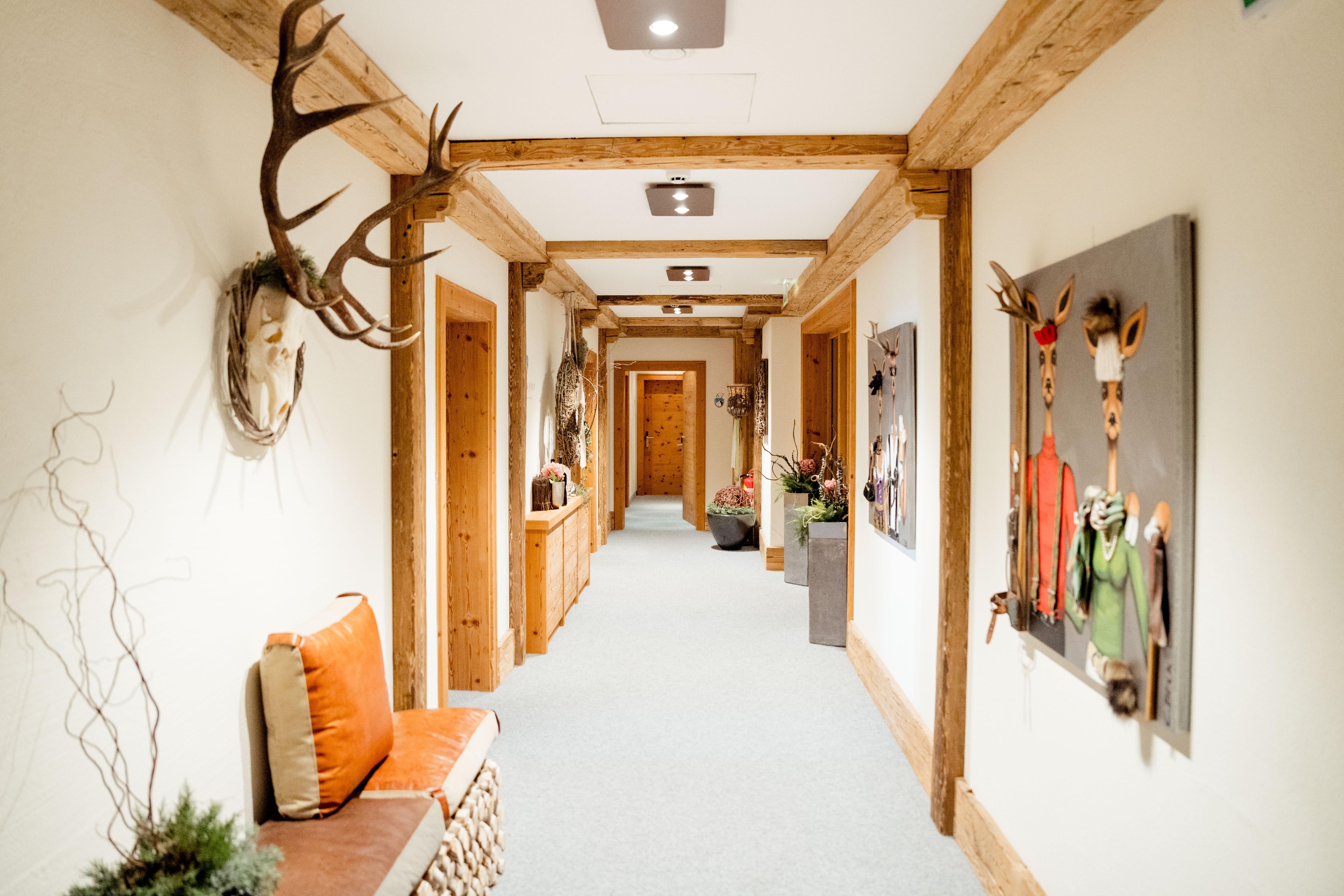 A bright hallway with wooden paneling and a cozy bench. Pictures and decorative antlers hang on the walls.