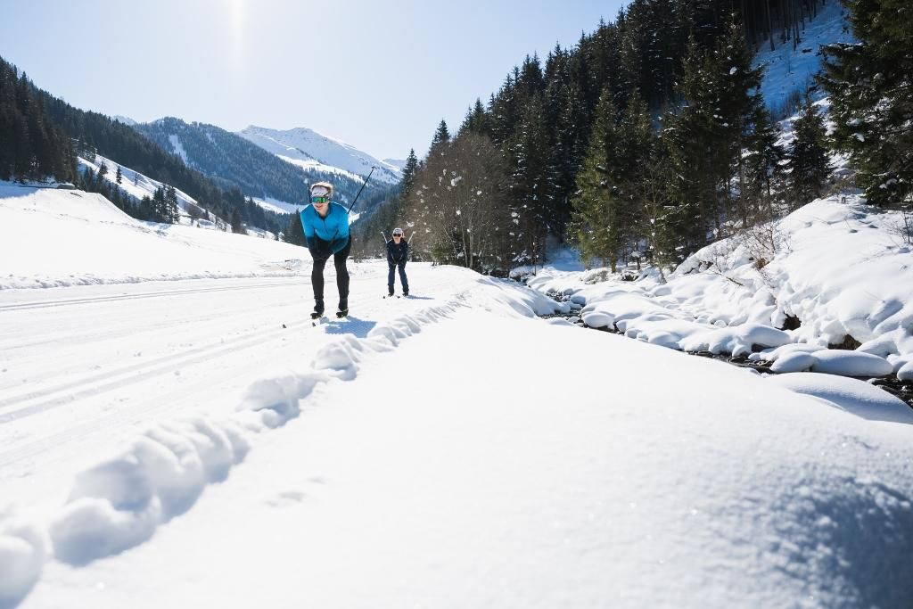 A snow-covered landscape with two skiers on a cross-country ski trail. Tall mountains and densely forested areas can be seen in the background.
