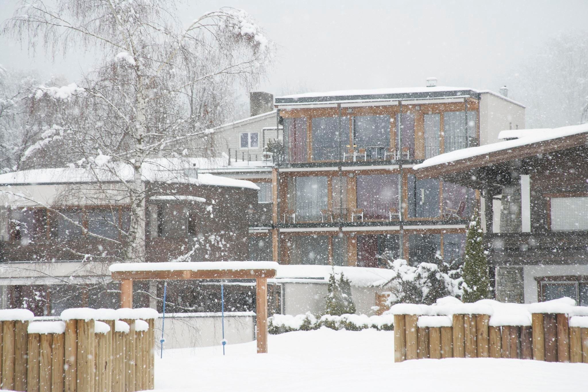 A snowy winter landscape with several houses in the background. The snow is falling gently and the surroundings are calm and peaceful.