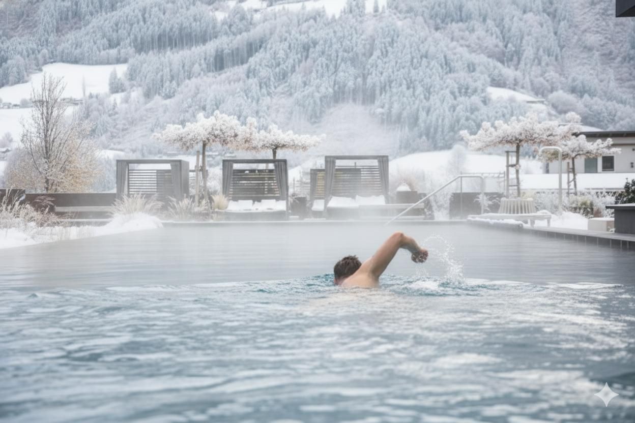 A man swims in an outdoor pool, surrounded by snow-covered mountains. The scene exudes calm and relaxation.
