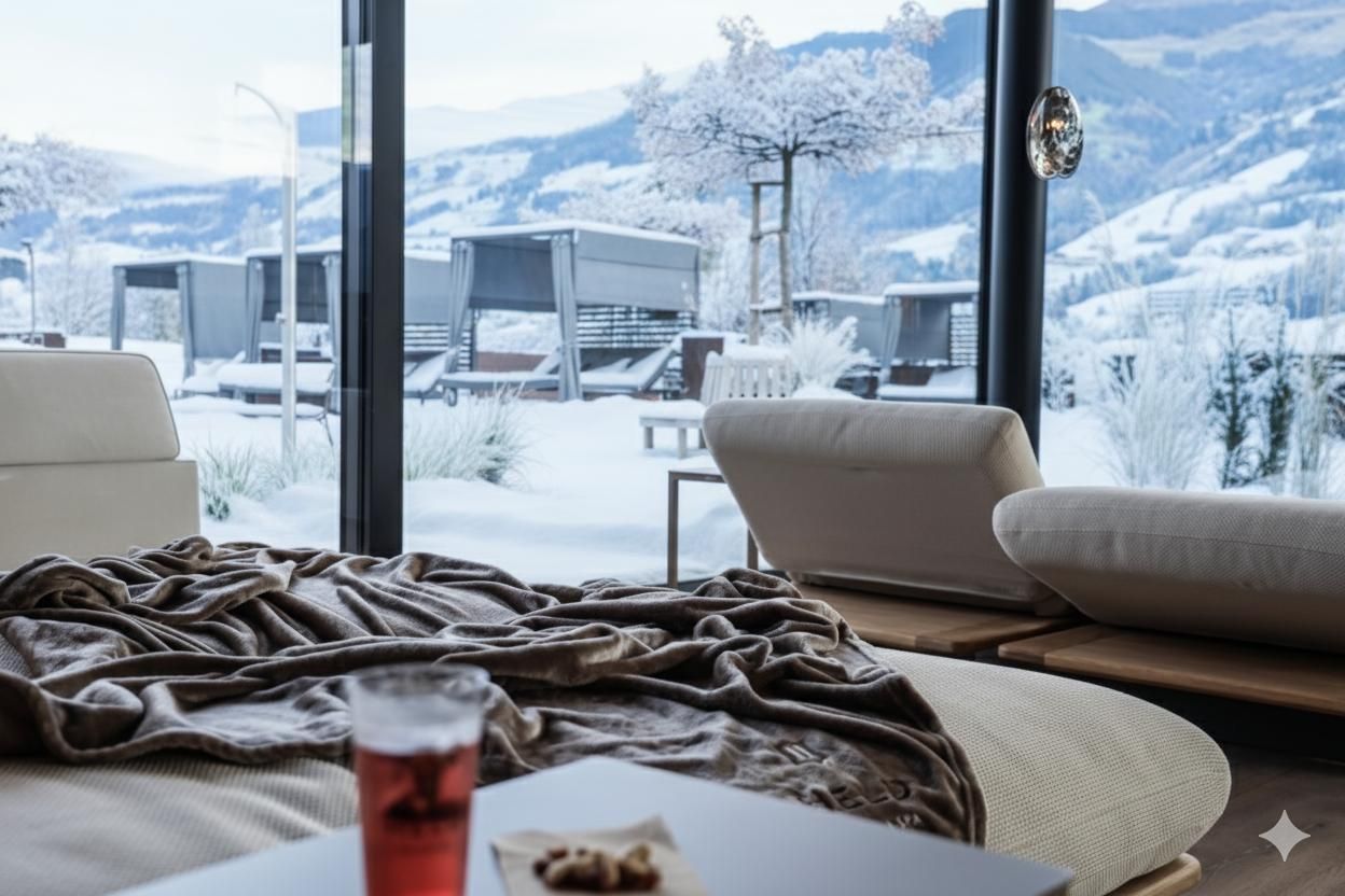 A cozy living area with a soft blanket and a glass of drink. Outside, the wintry landscape features snow-covered trees and mountains.