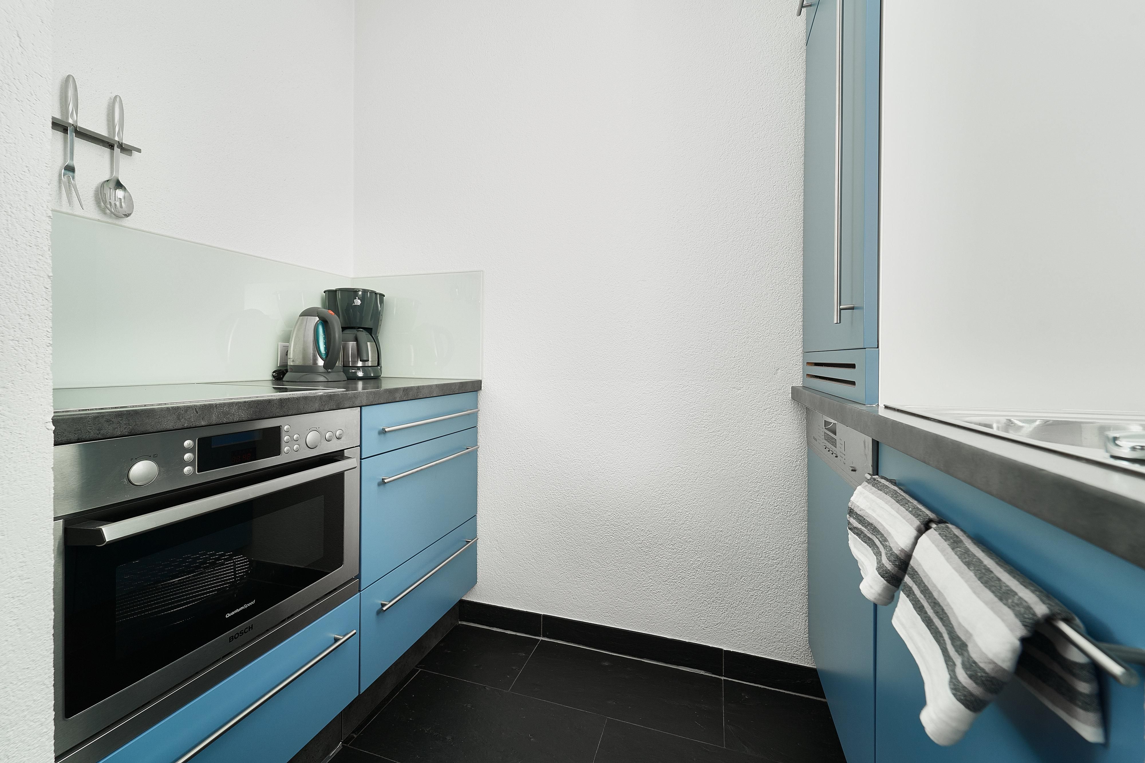 A modern kitchen with blue cabinets and stainless steel appliances. The countertop is black and well organized.
