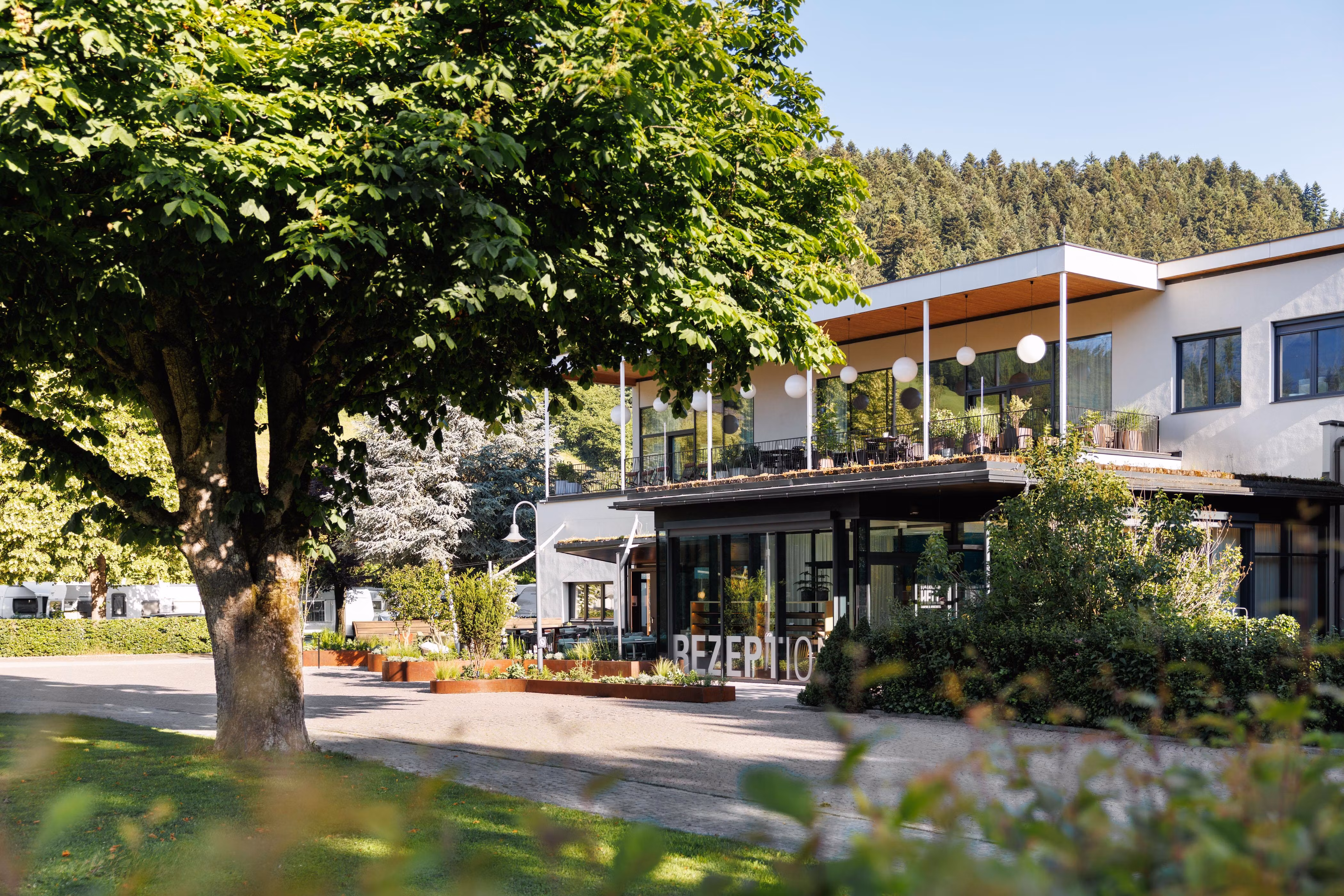 A modern building with a reception area.
Surrounded by trees and green landscape.