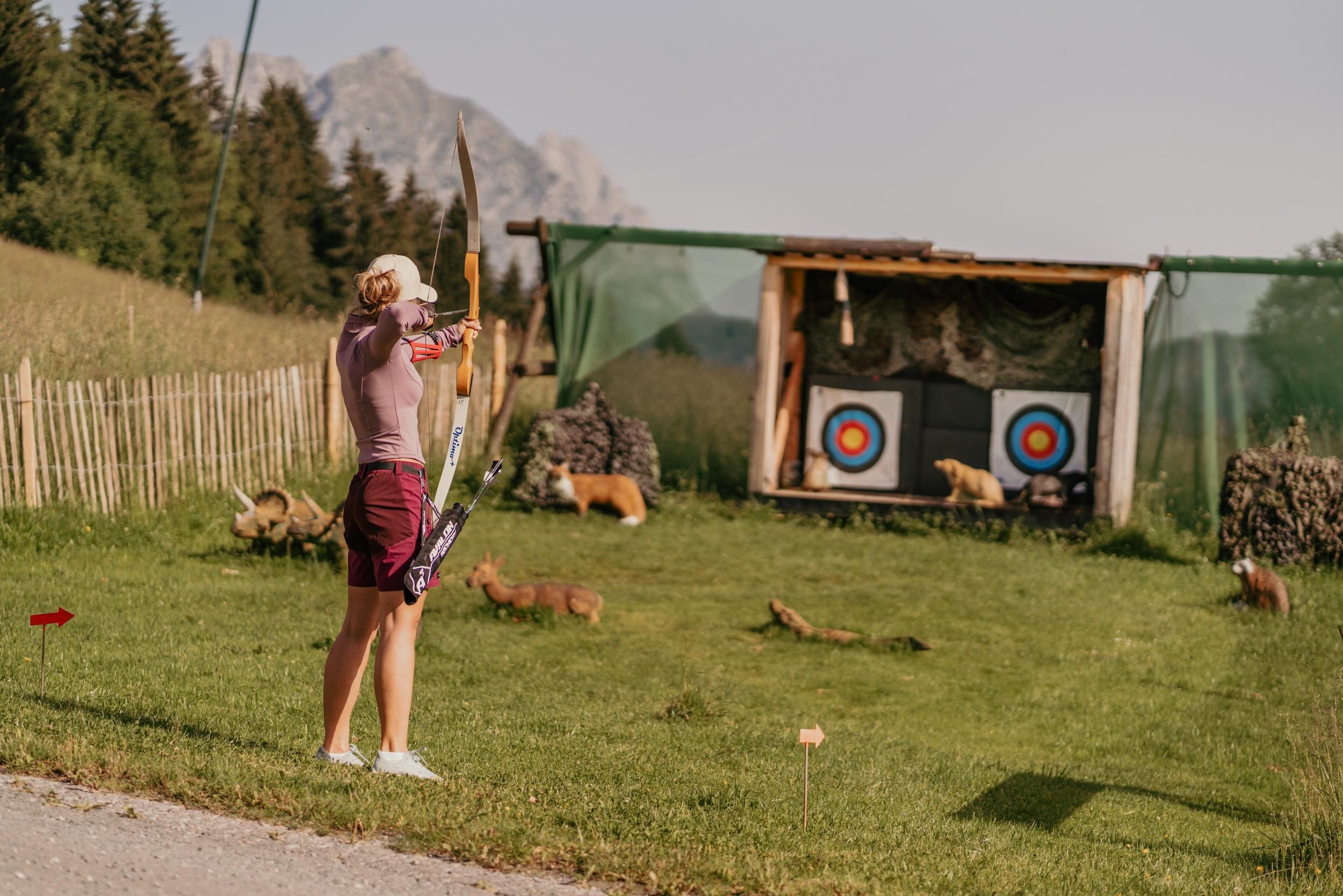 A person shoots with a bow at a target outdoors. In the background, small animals and a picturesque landscape can be seen.