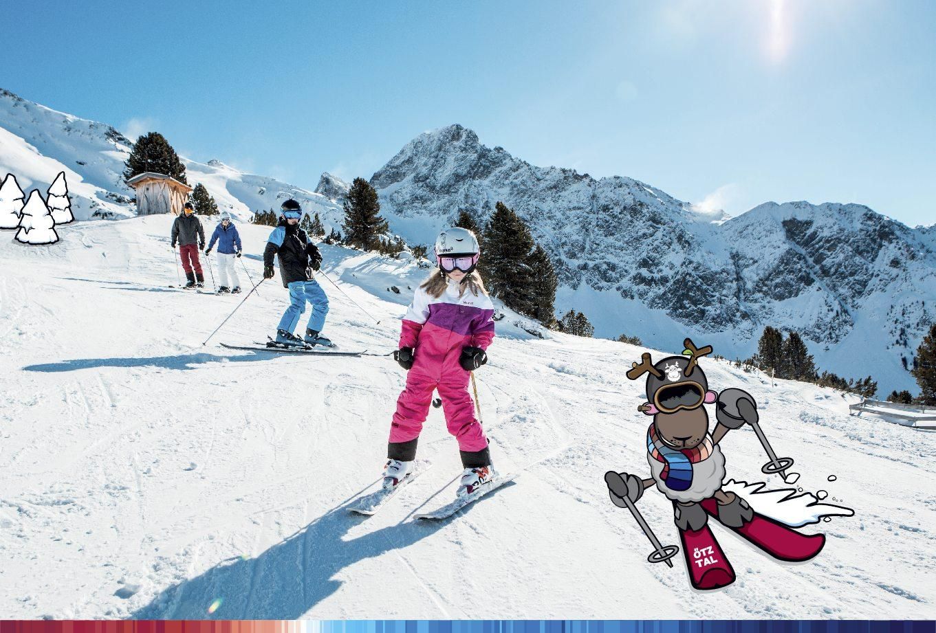 A snow area with skiers on the slope and a clear blue sky. A girl in pink ski gear is skiing down the hill, while a drawing of a reindeer can be seen in the picture.